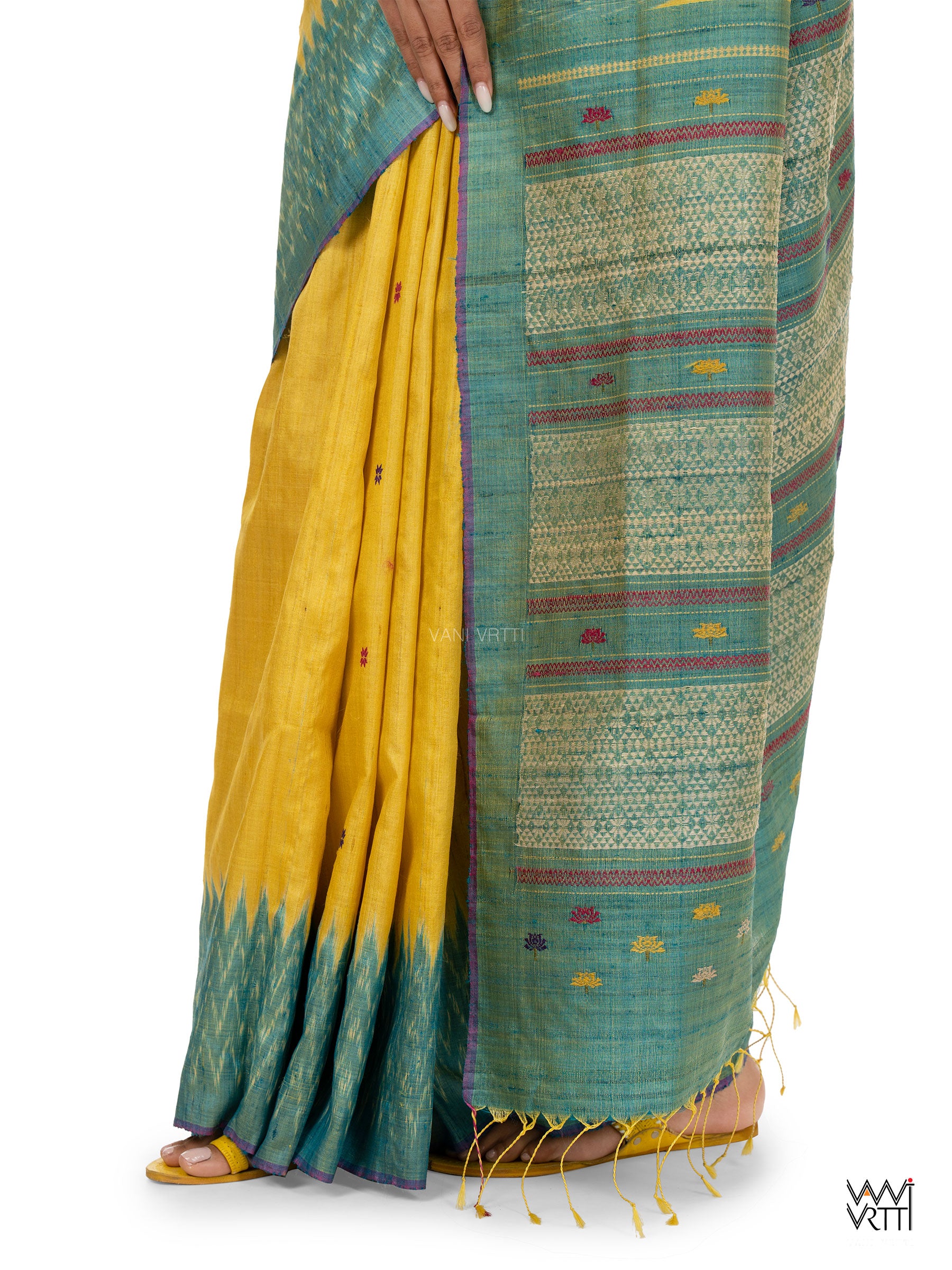 Yellow Sea Blue Pink Anjana Handspun Tussar Silk Saree