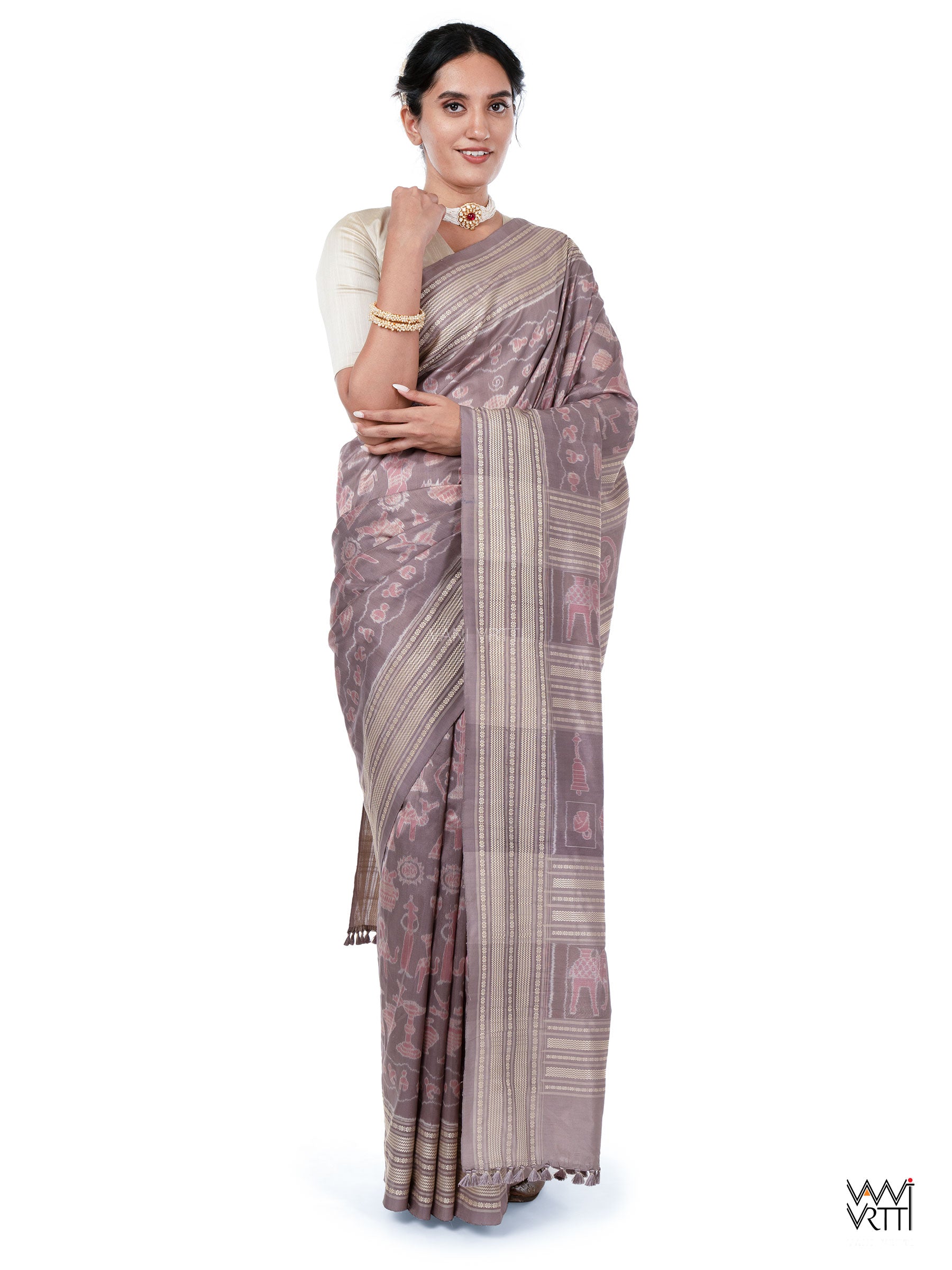 Dhokra Art Prakritik Lac & Tea Natural Dyed Mulberry Silk Ikat Saree