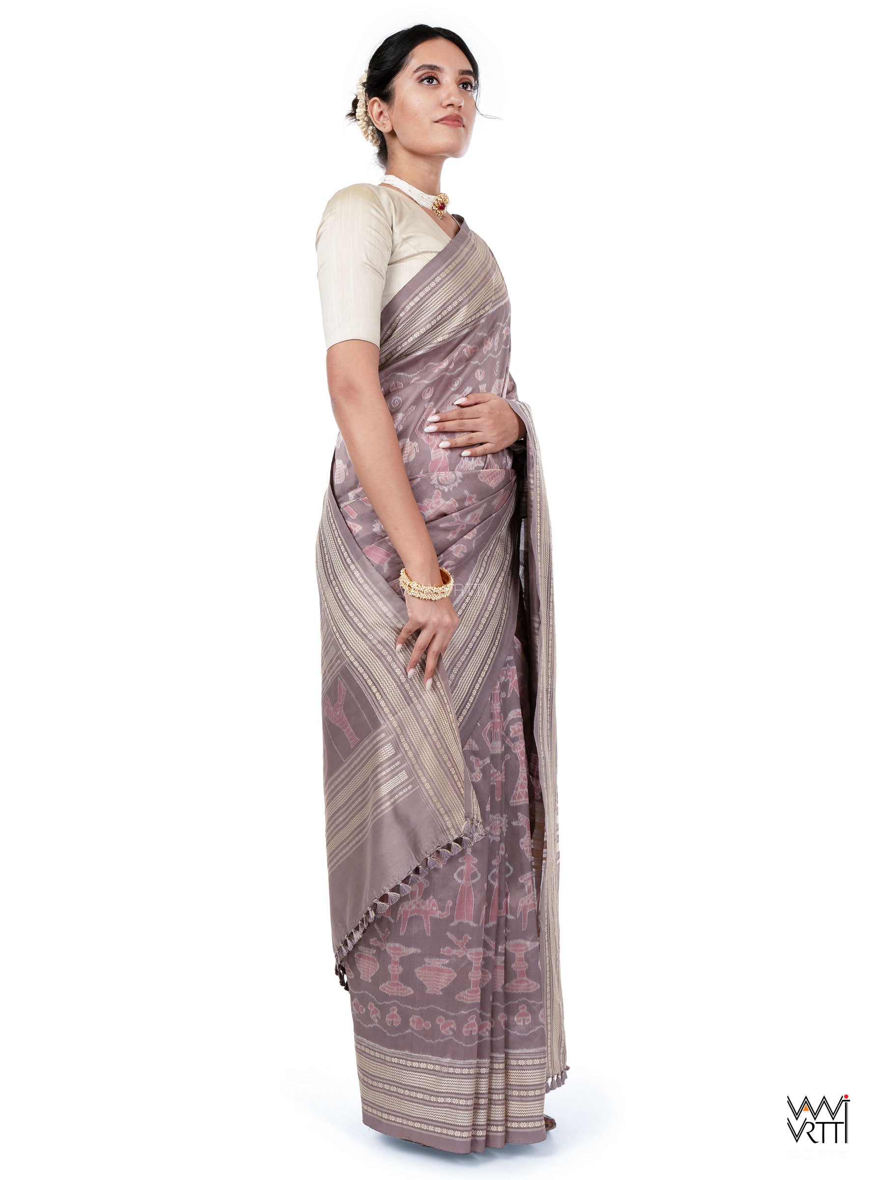 Dhokra Art Prakritik Lac & Tea Natural Dyed Mulberry Silk Ikat Saree