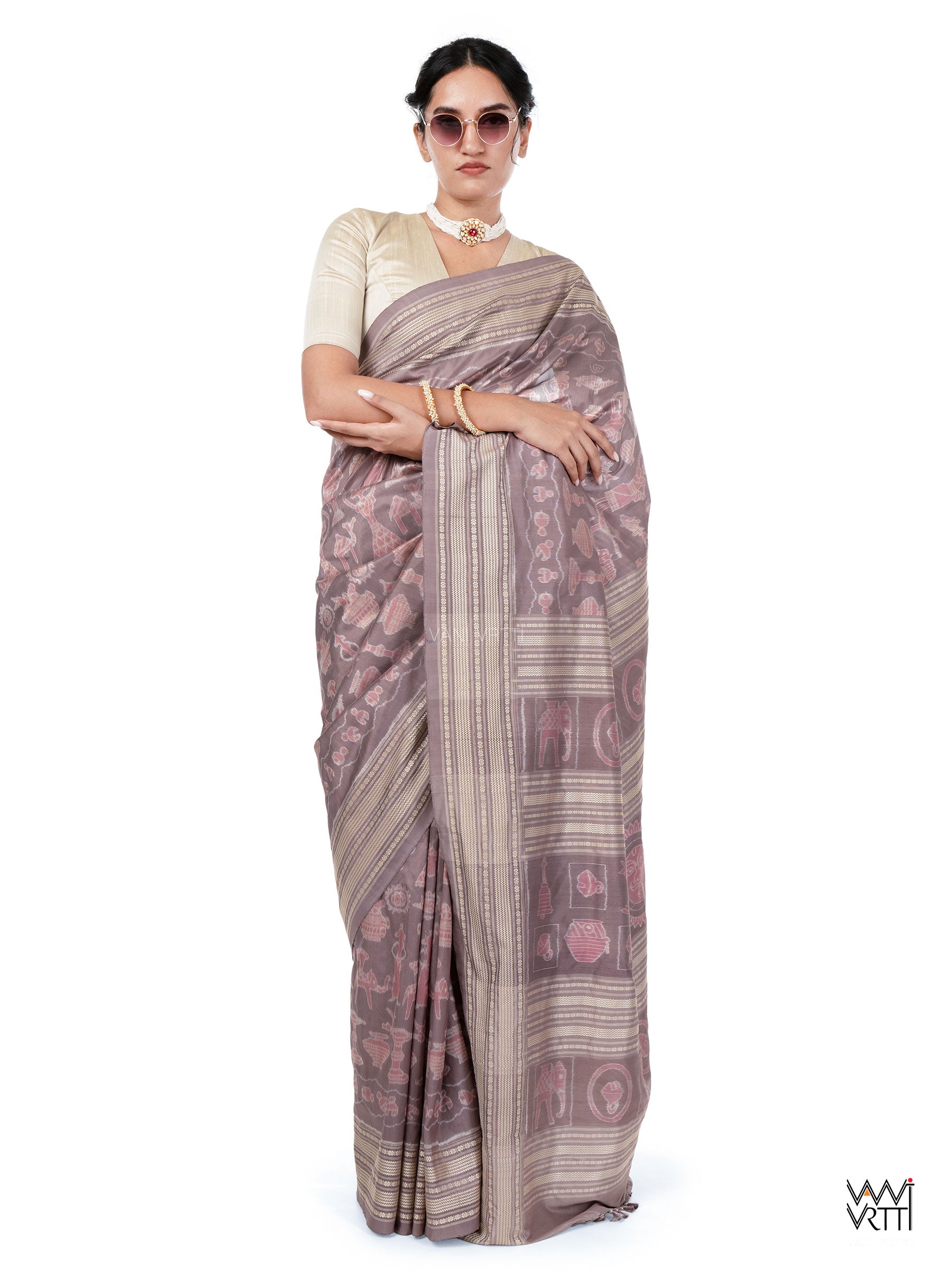 Dhokra Art Prakritik Lac & Tea Natural Dyed Mulberry Silk Ikat Saree