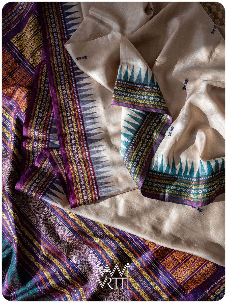 Off White Purple Green Ananta Handspun Tussar Silk Sari