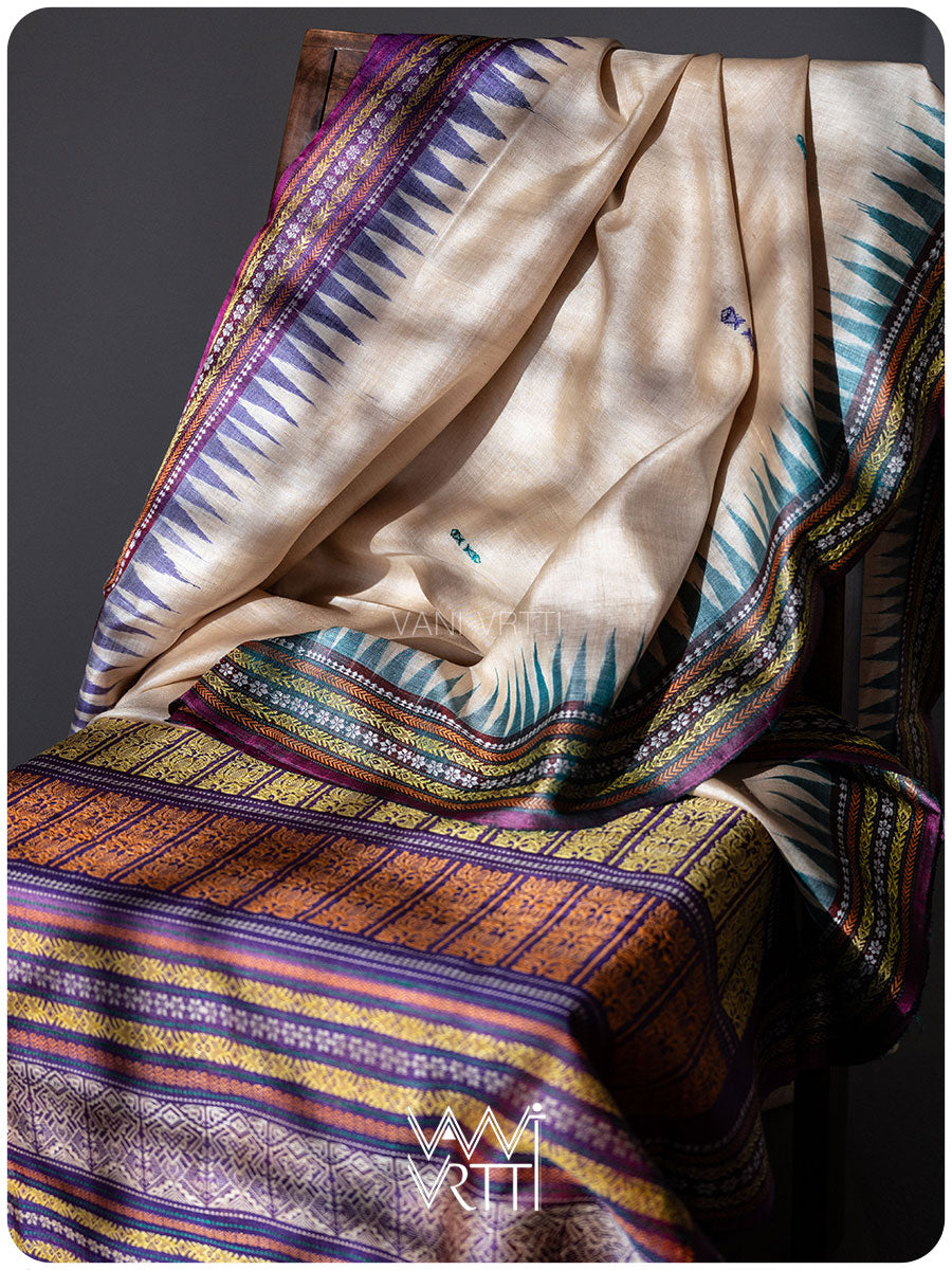 Off White Purple Green Ananta Handspun Tussar Silk Sari