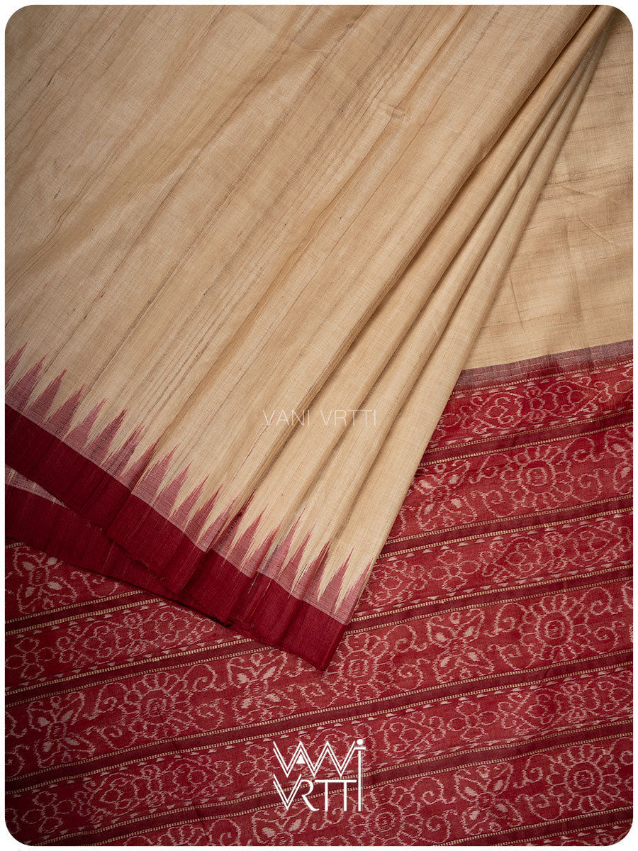 Off White Red Ikkat Nadi Traditional Gopalpur Handspun Tussar Silk Saree