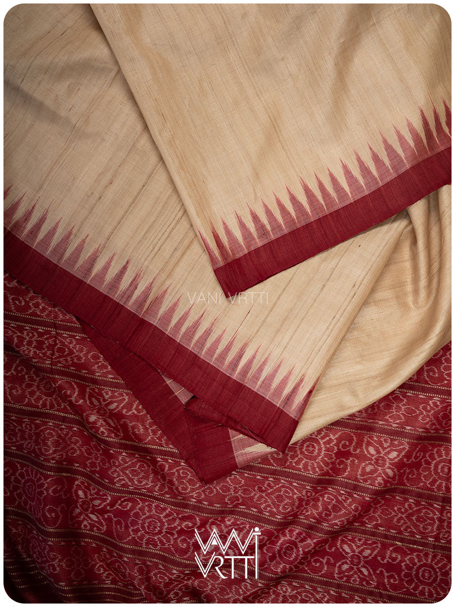 Off White Red Ikkat Nadi Traditional Gopalpur Handspun Tussar Silk Saree