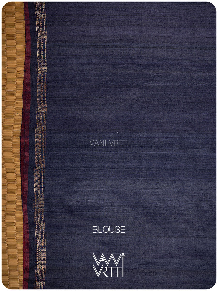 Midnight Blue Nargis Ikat Handspun Tussar Silk Sari