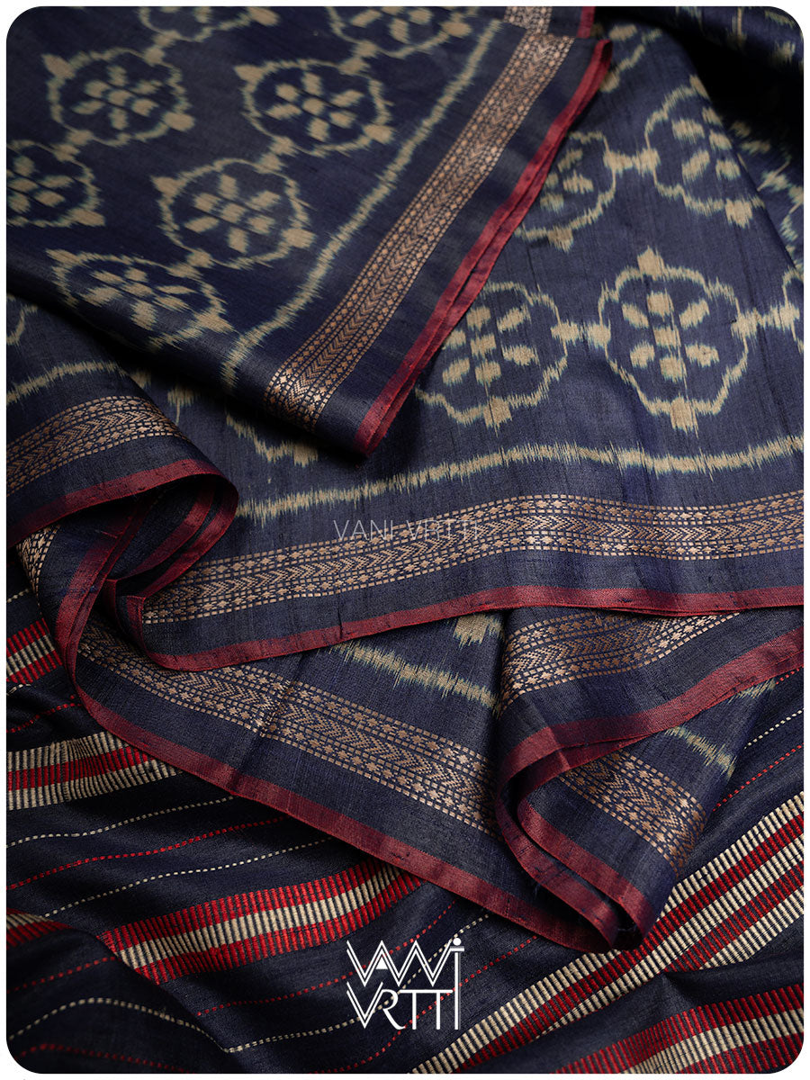 Midnight Blue Nargis Ikat Handspun Tussar Silk Sari