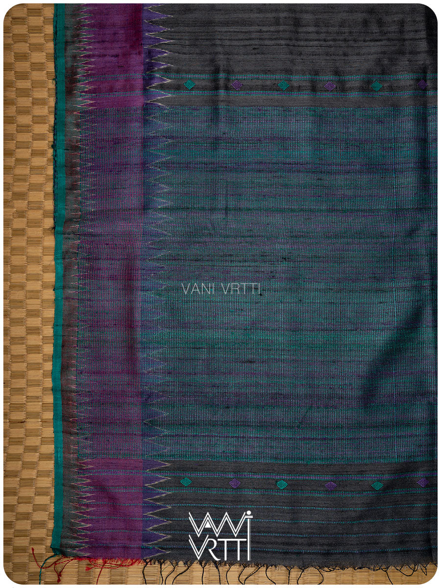 Slate Black Sangam Bristi Handspun Tussar Silk Saree