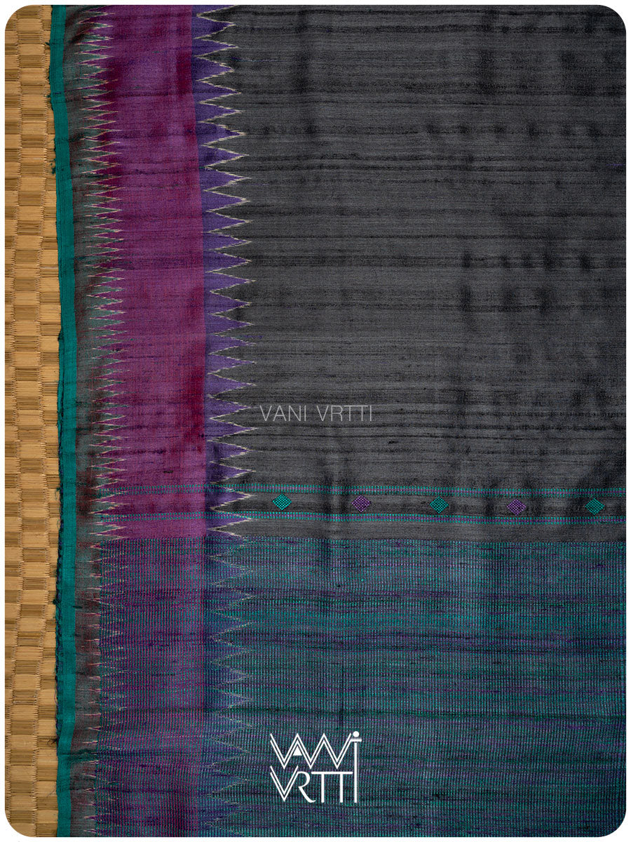 Slate Black Sangam Bristi Handspun Tussar Silk Saree