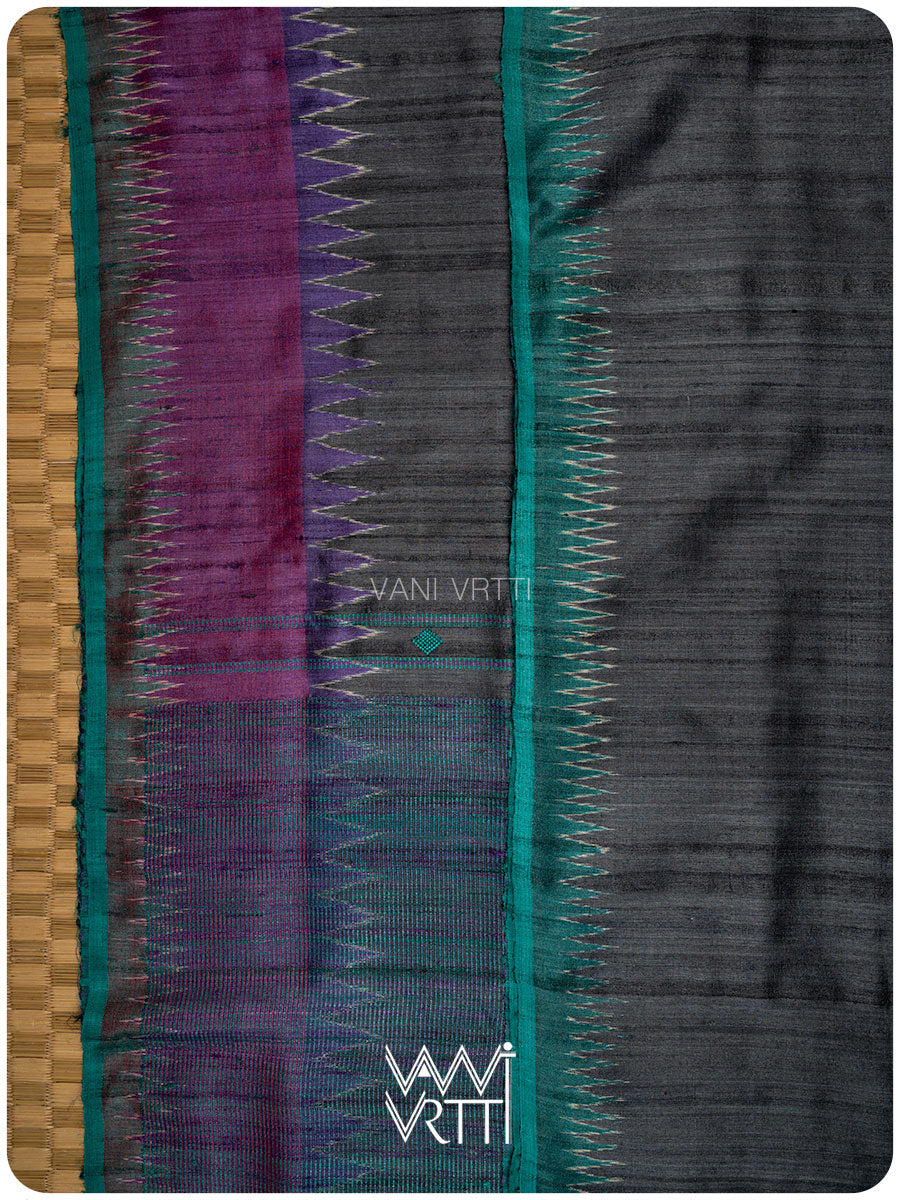 Slate Black Sangam Bristi Handspun Tussar Silk Saree