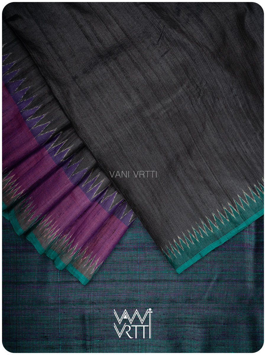 Slate Black Sangam Bristi Handspun Tussar Silk Saree