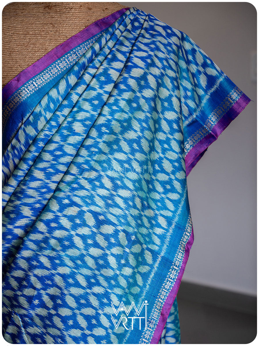 Sapphire Blue Lily Ikat Handspun Tussar Silk Sari