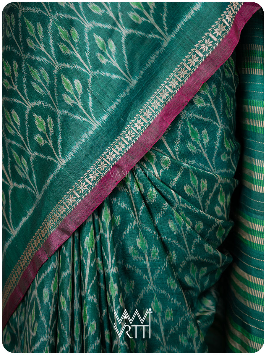 Emerald Green Iris Ikat Handspun Tussar Silk Sari