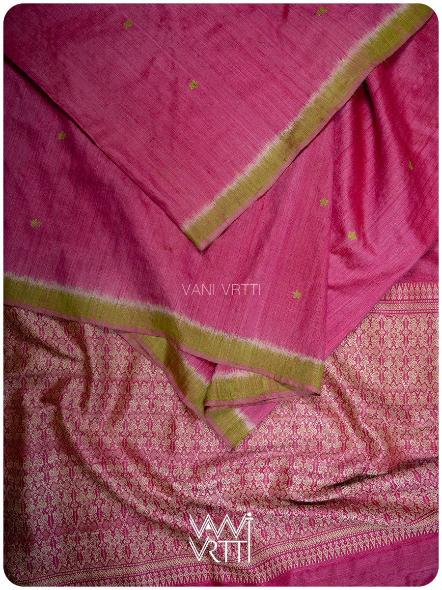 Pink Mehendi Green Nabh Butterfly Handspun Tussar Silk Saree