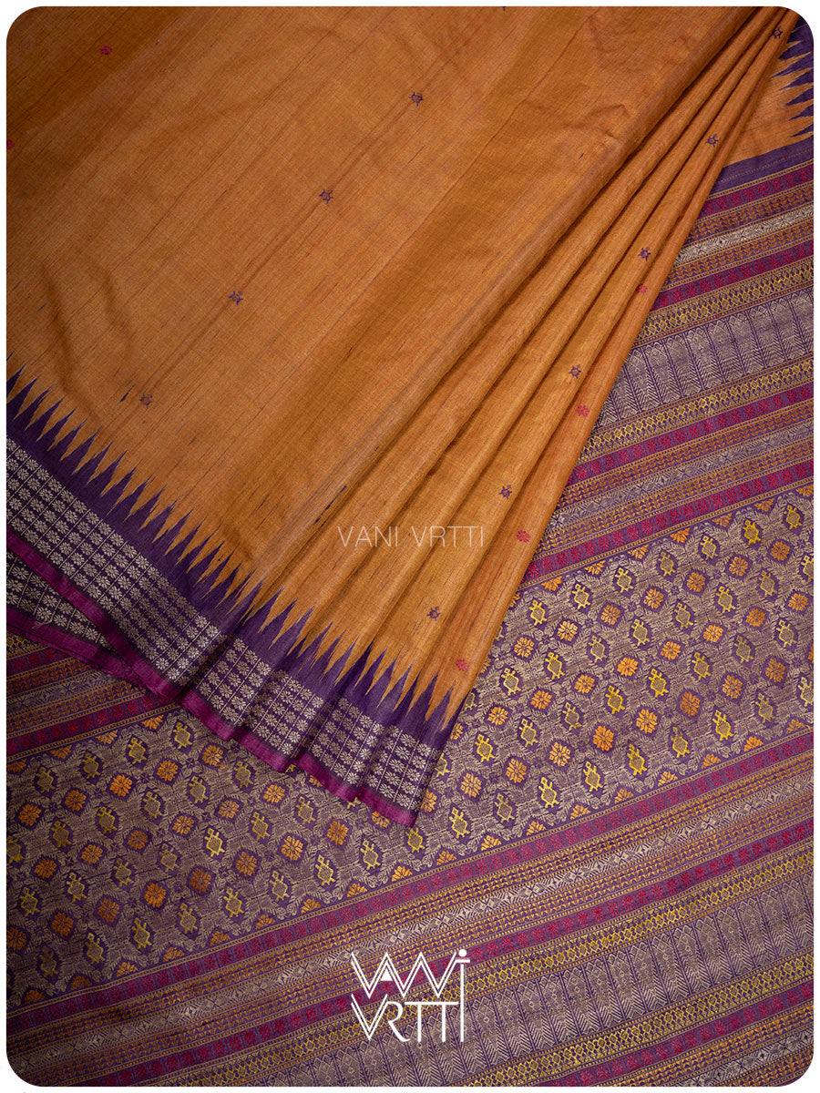 Rust Orange Purple Matsya Kachhap Handspun Tussar Silk Sari