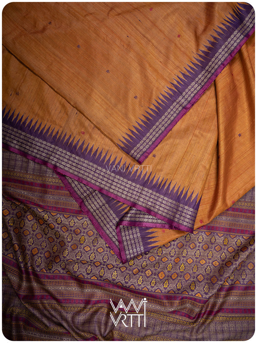 Rust Orange Purple Matsya Kachhap Handspun Tussar Silk Sari