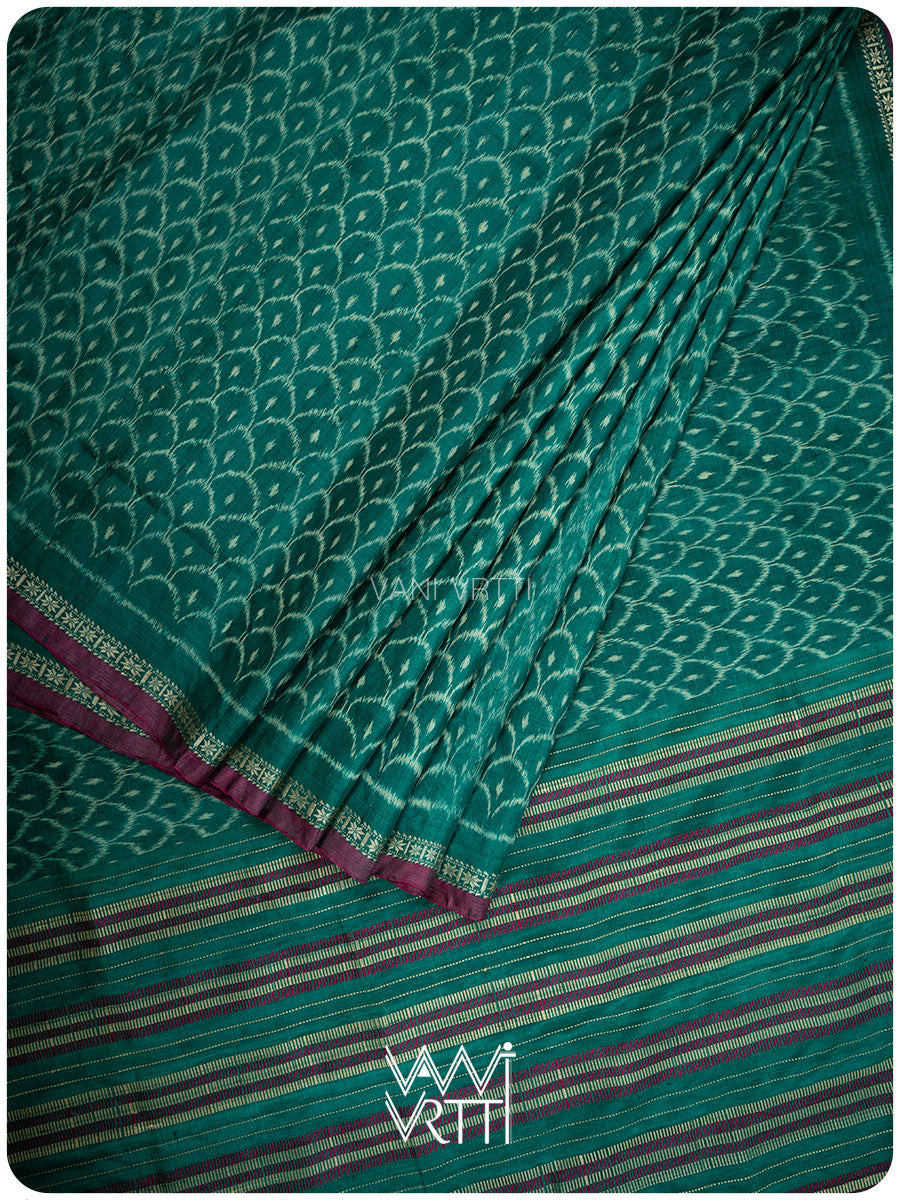 Emerald Green Samudra Lahar Ikat Handspun Tussar Silk Sari