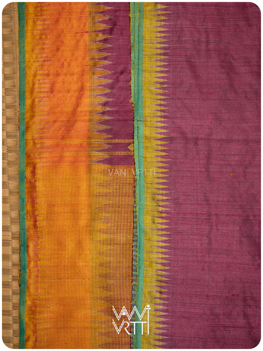 Burgundy Pink Orange Sangam Bristi Handspun Tussar Silk Saree