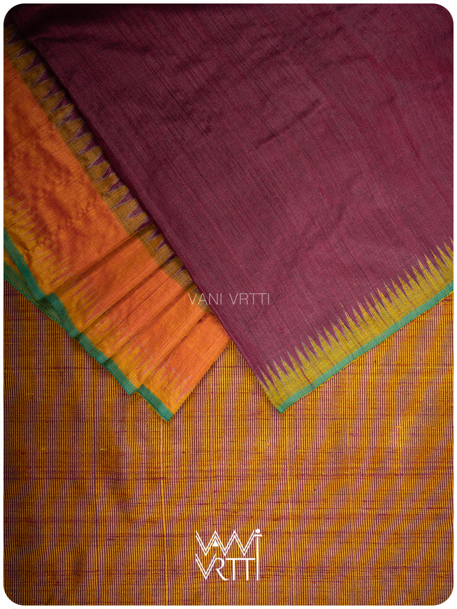 Burgundy Pink Orange Sangam Bristi Handspun Tussar Silk Saree