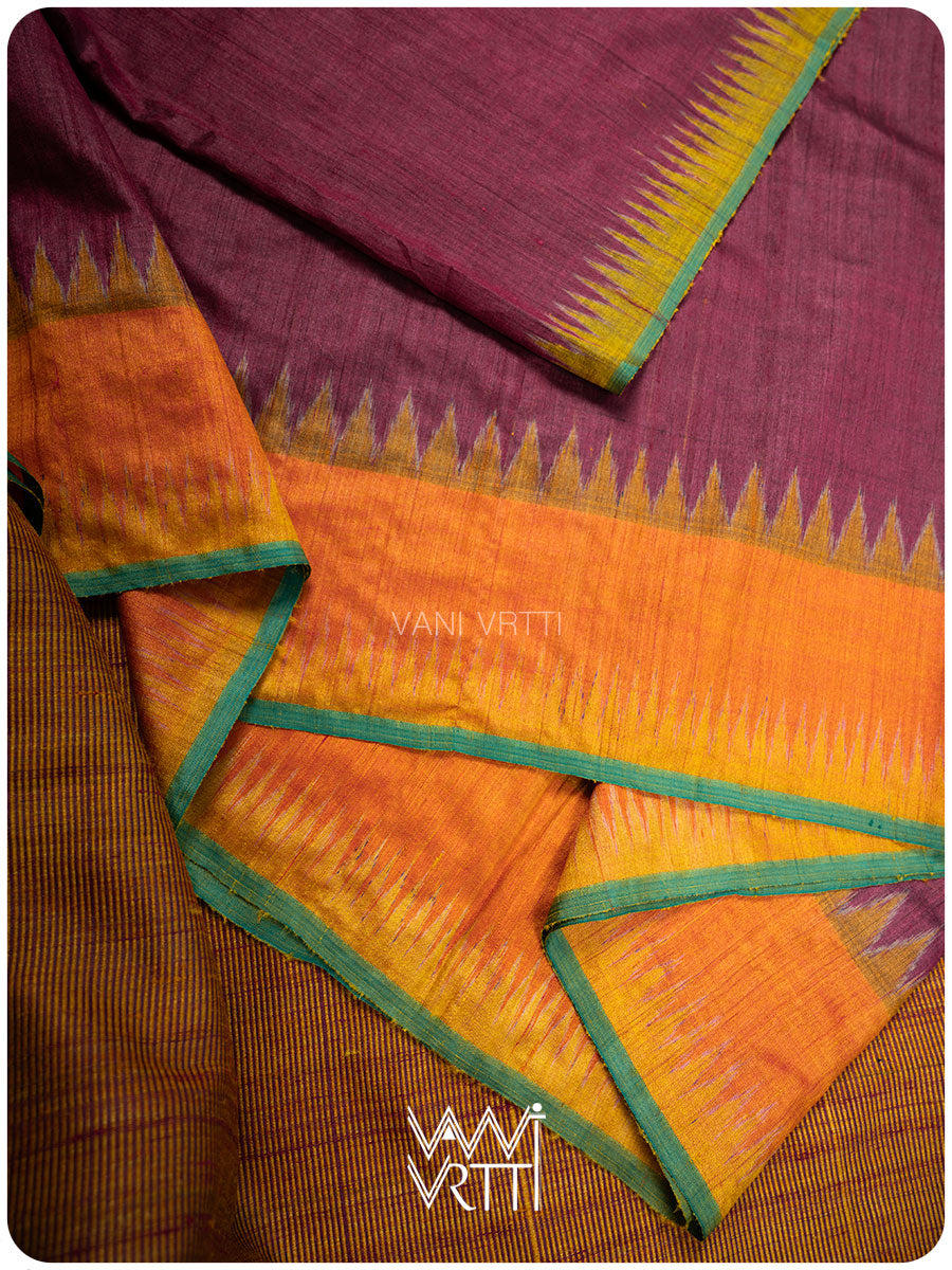 Burgundy Pink Orange Sangam Bristi Handspun Tussar Silk Saree