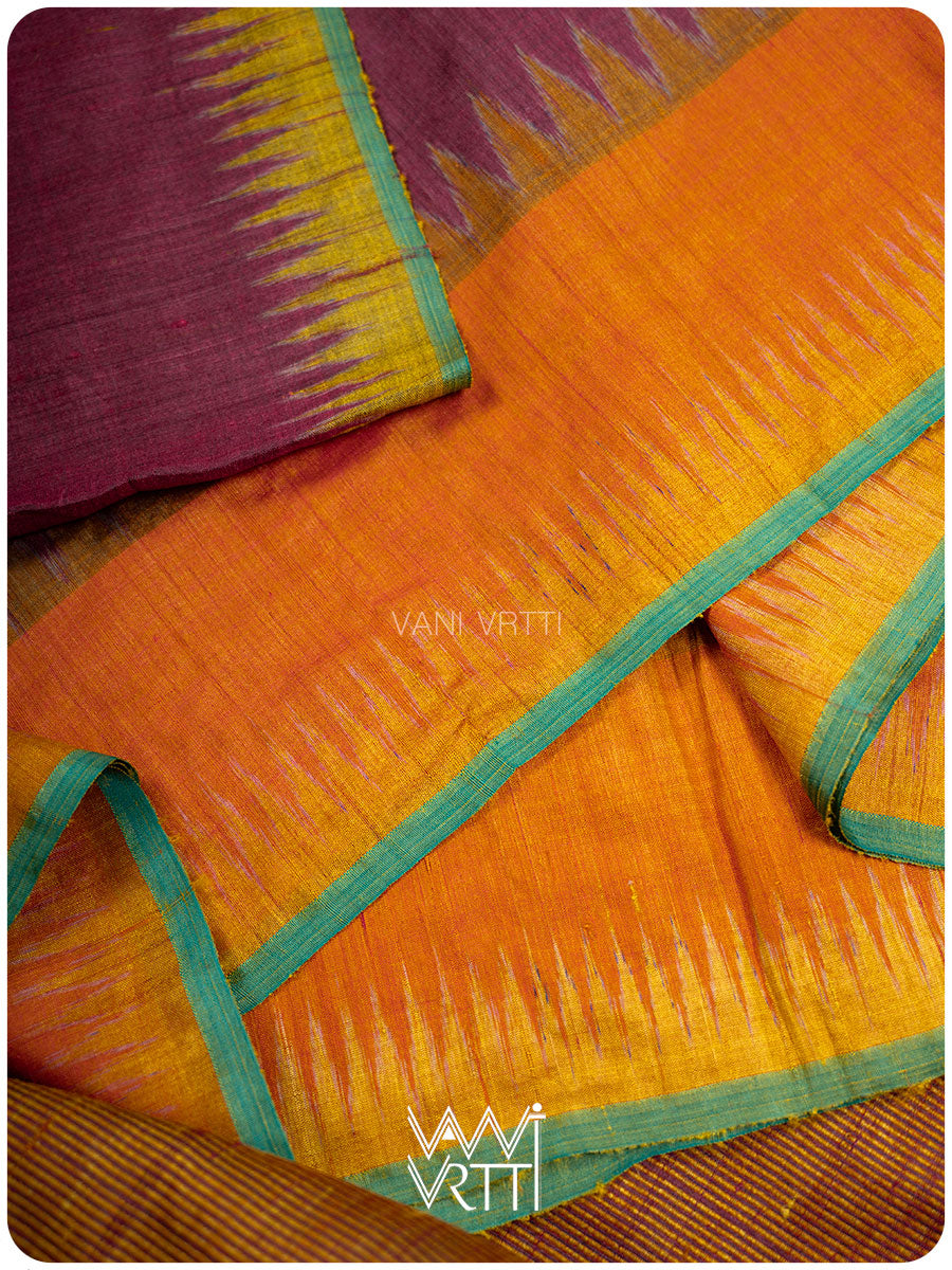 Burgundy Pink Orange Sangam Bristi Handspun Tussar Silk Saree