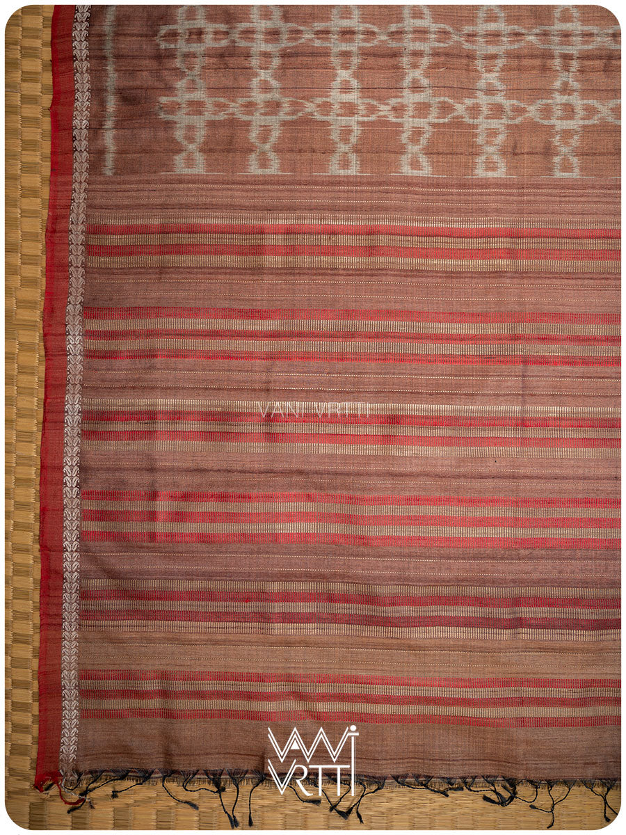 Light Brown Mughal Jaal Ikat Handspun Tussar Silk Sari