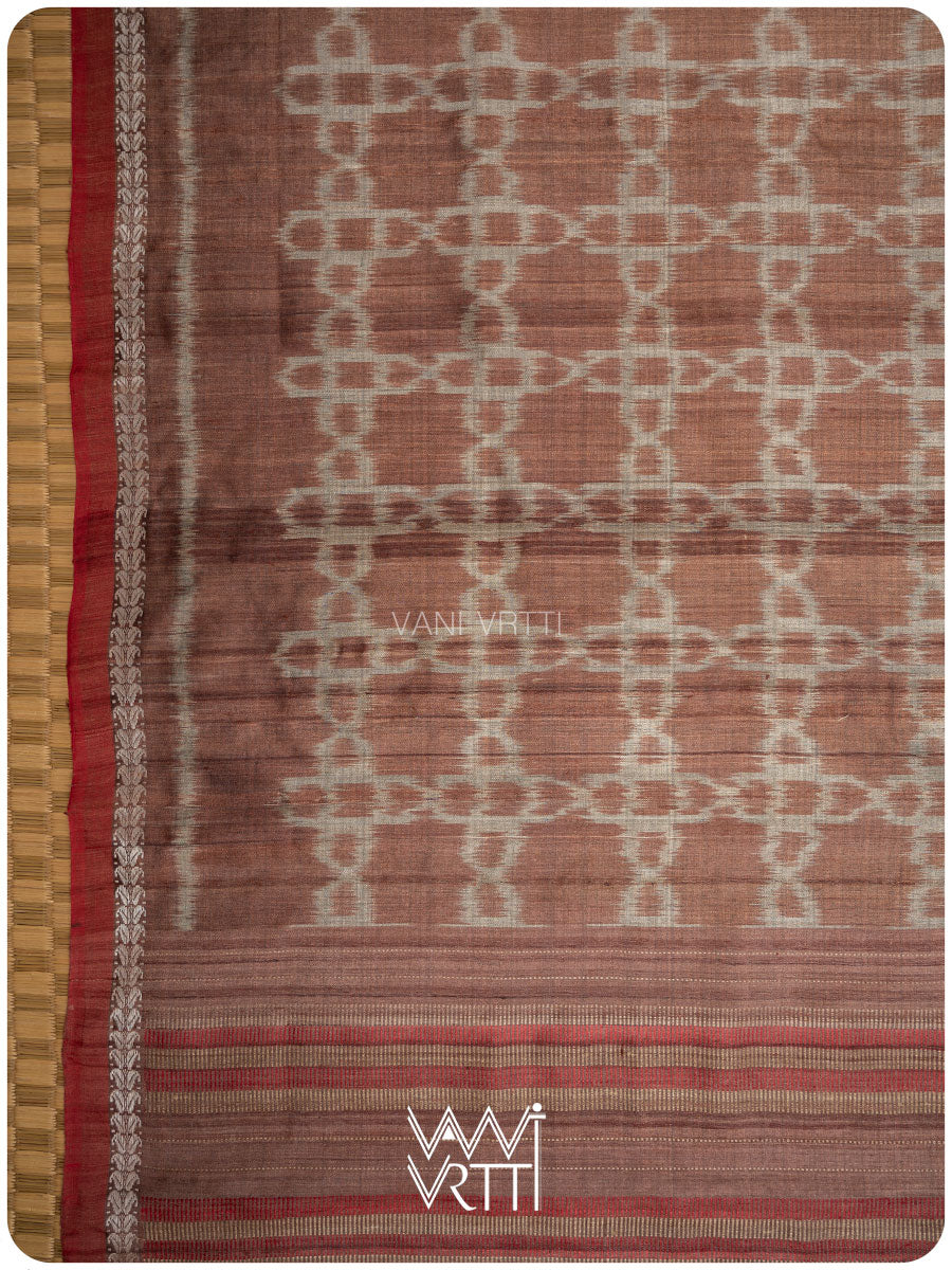 Light Brown Mughal Jaal Ikat Handspun Tussar Silk Sari