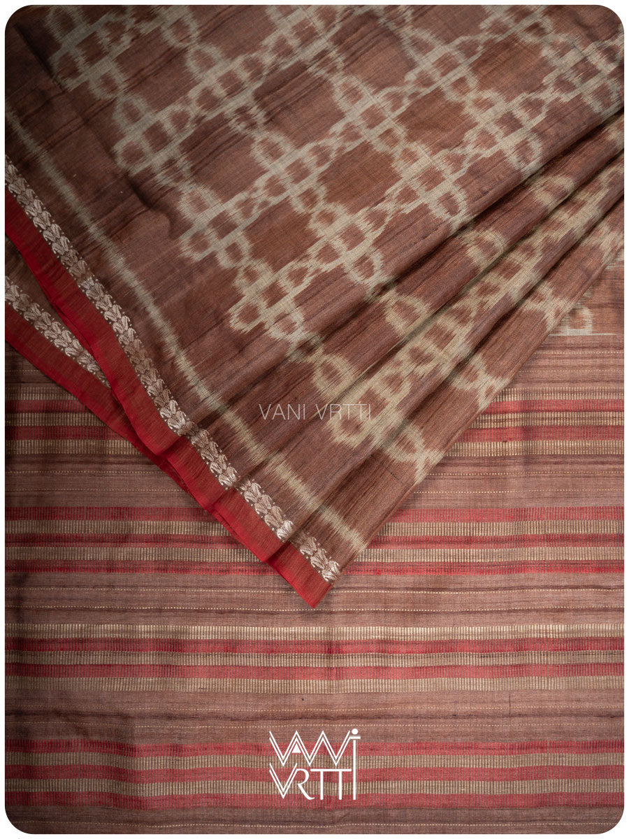 Light Brown Mughal Jaal Ikat Handspun Tussar Silk Sari