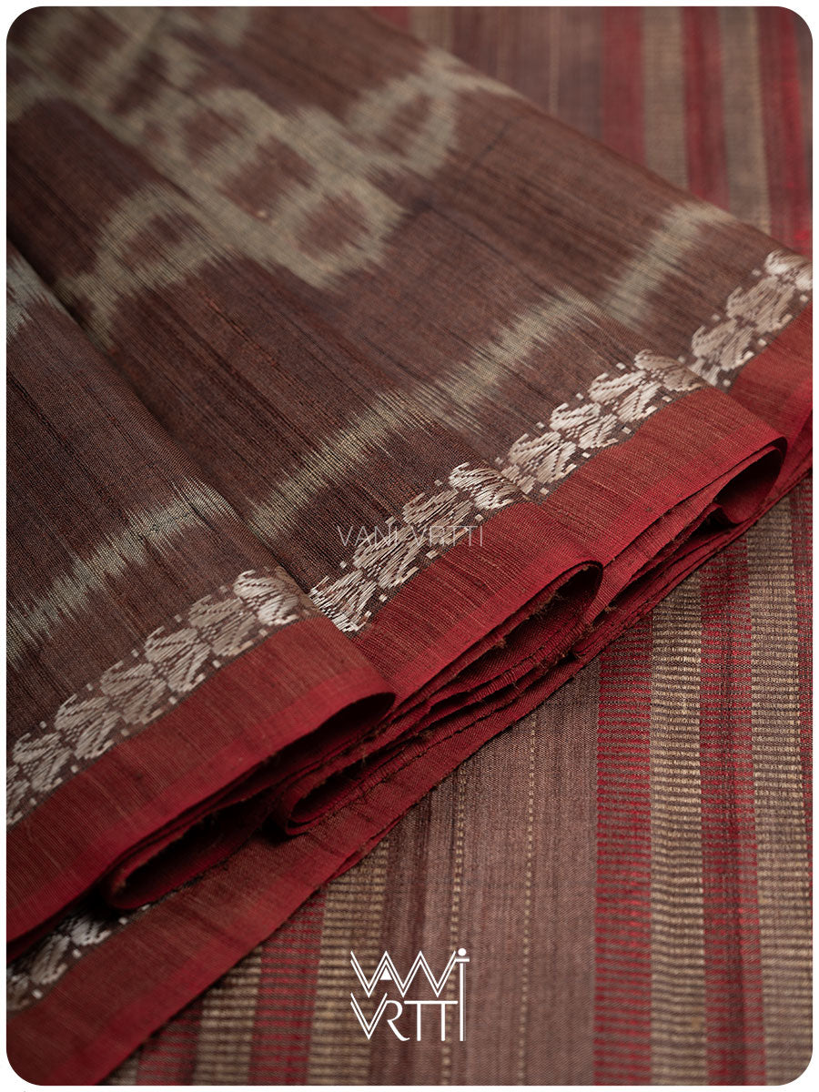 Light Brown Mughal Jaal Ikat Handspun Tussar Silk Sari