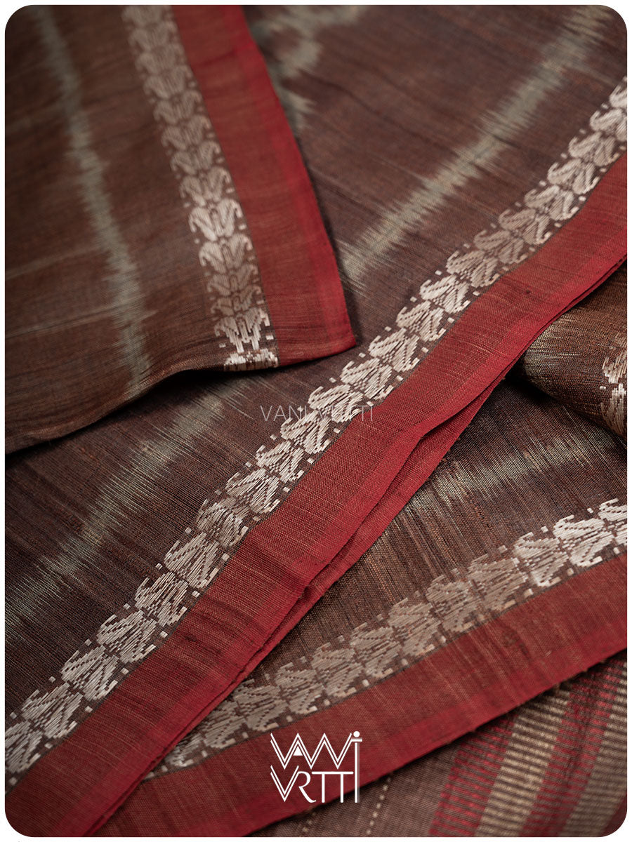 Light Brown Mughal Jaal Ikat Handspun Tussar Silk Sari