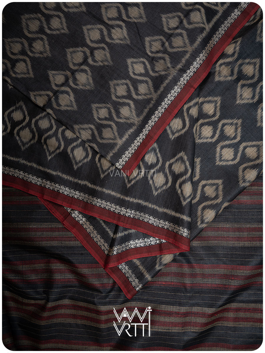 Black Santati Ikat Handspun Tussar Silk Sari