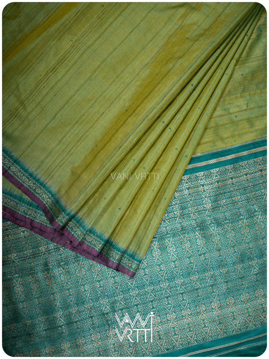 Tender Leaf Green Madhumalati Handspun Tussar Silk Sari