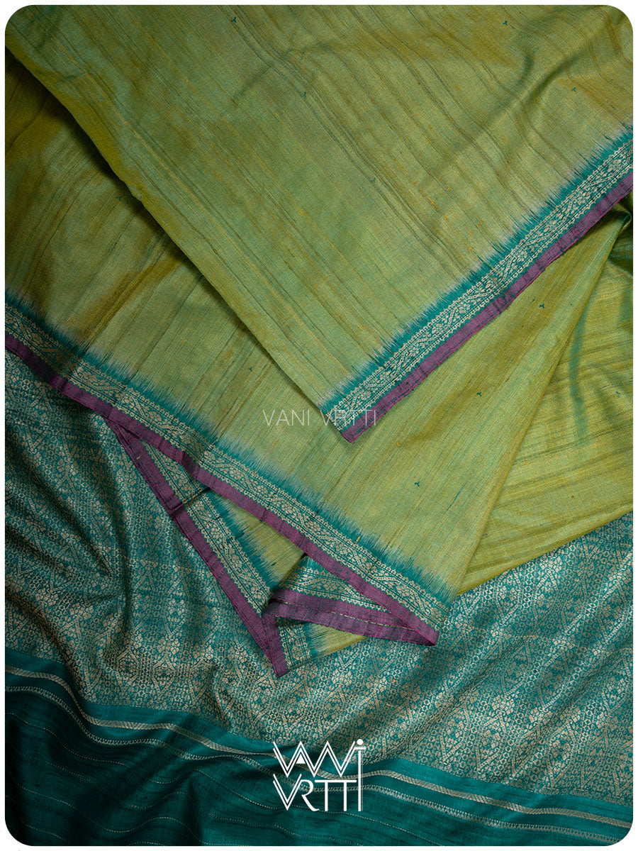 Tender Leaf Green Madhumalati Handspun Tussar Silk Sari