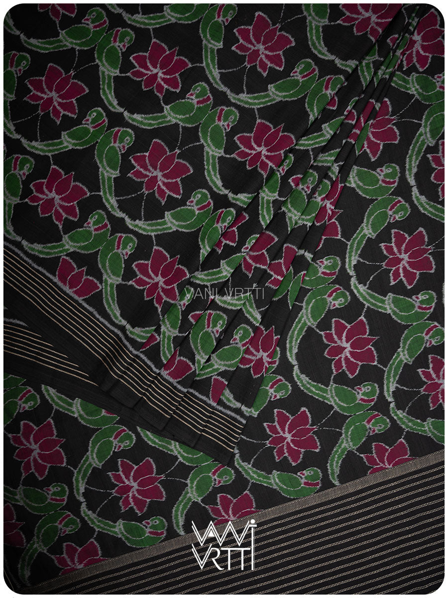 Black Deep Pink Lotus Parrot Fine Cotton Ikat Saree