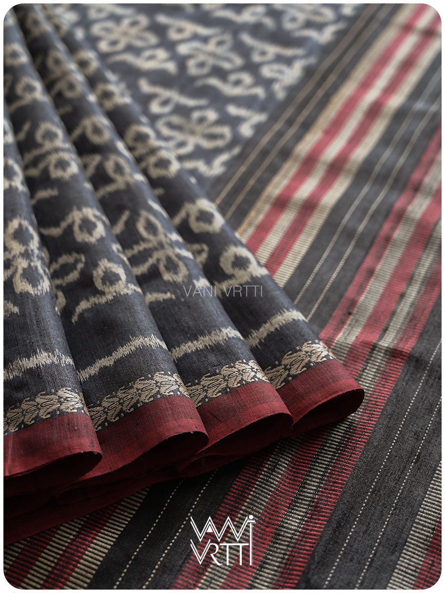 Black Ashok Phool Ikat Handspun Tussar Silk Sari