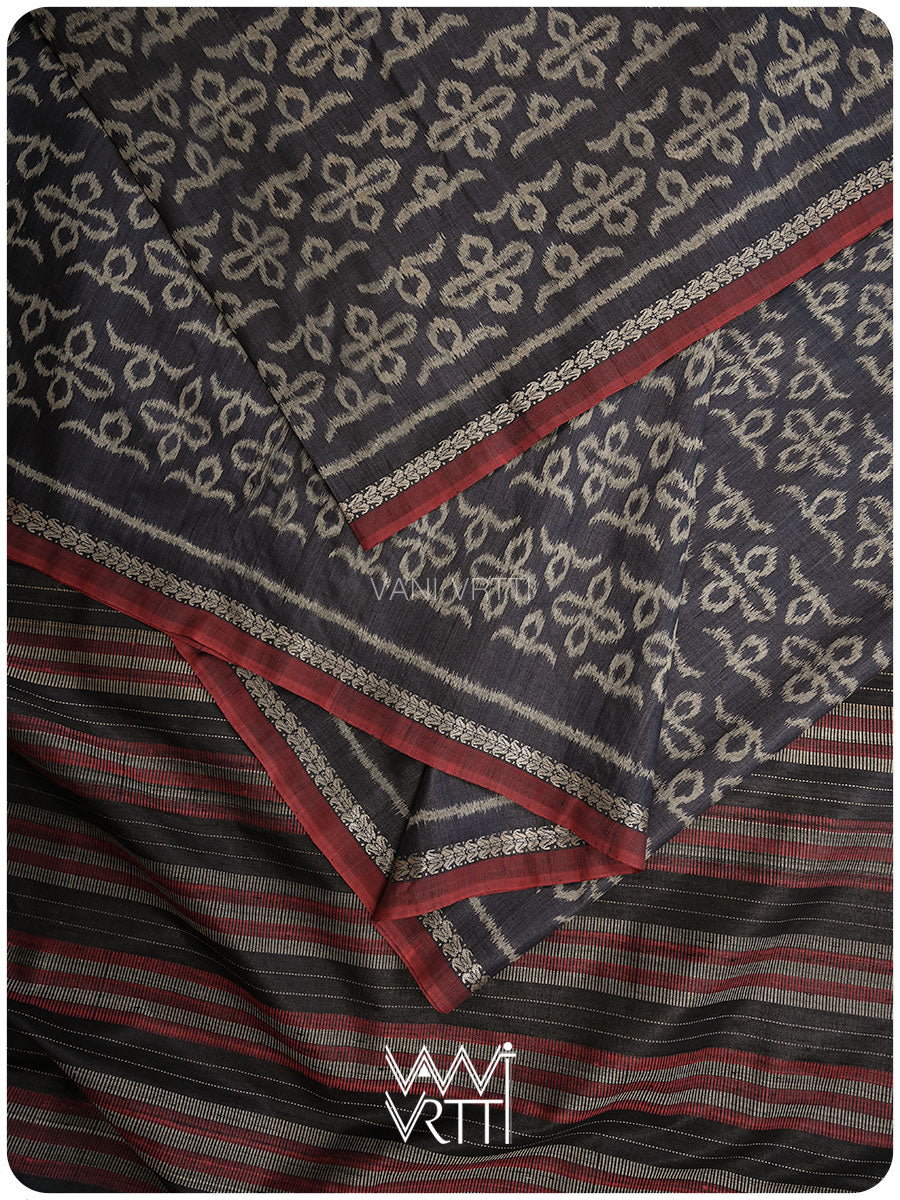 Black Ashok Phool Ikat Handspun Tussar Silk Sari