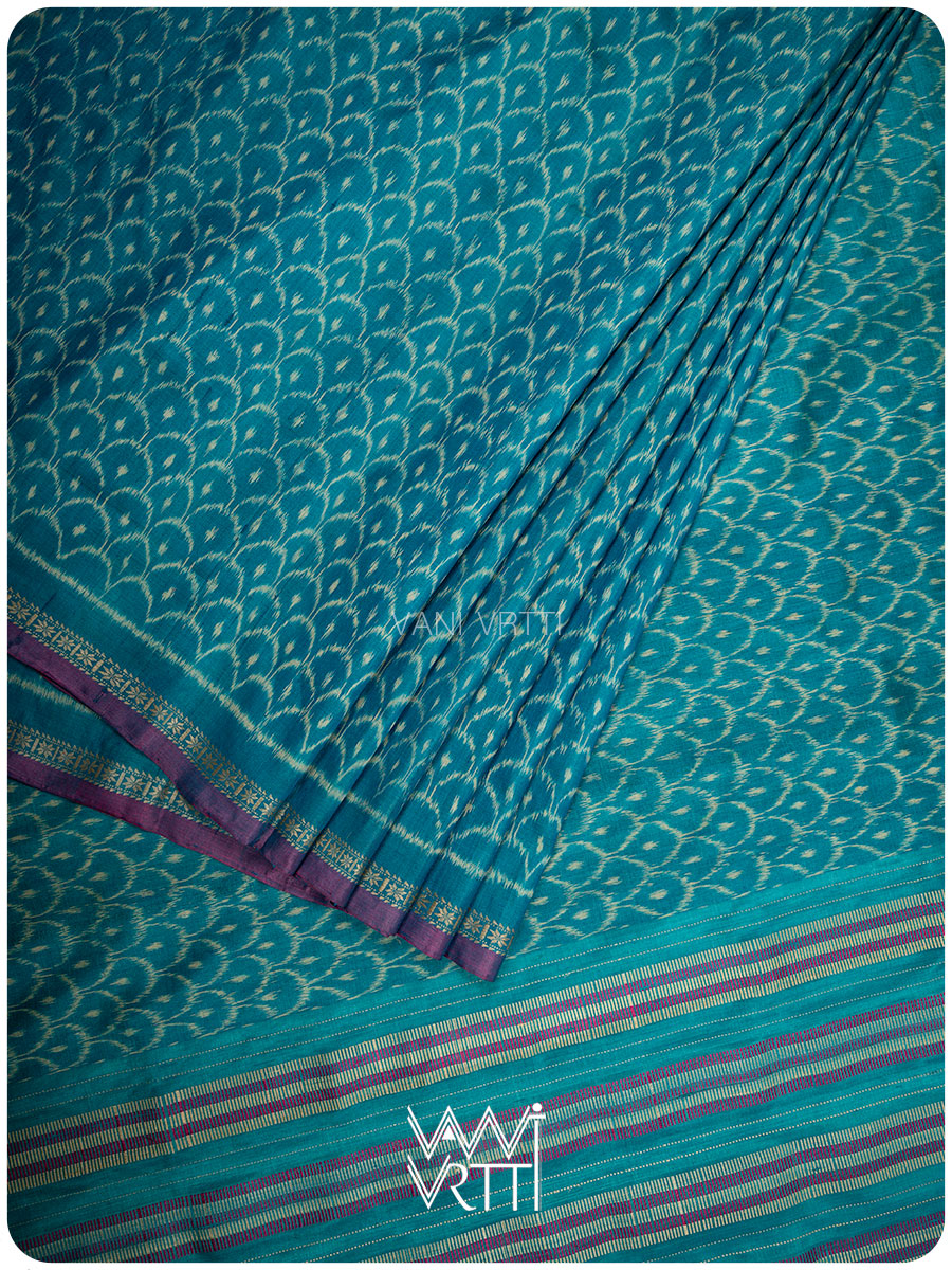 Firozi Blue Samudra Lahar Ikat Handspun Tussar Silk Sari