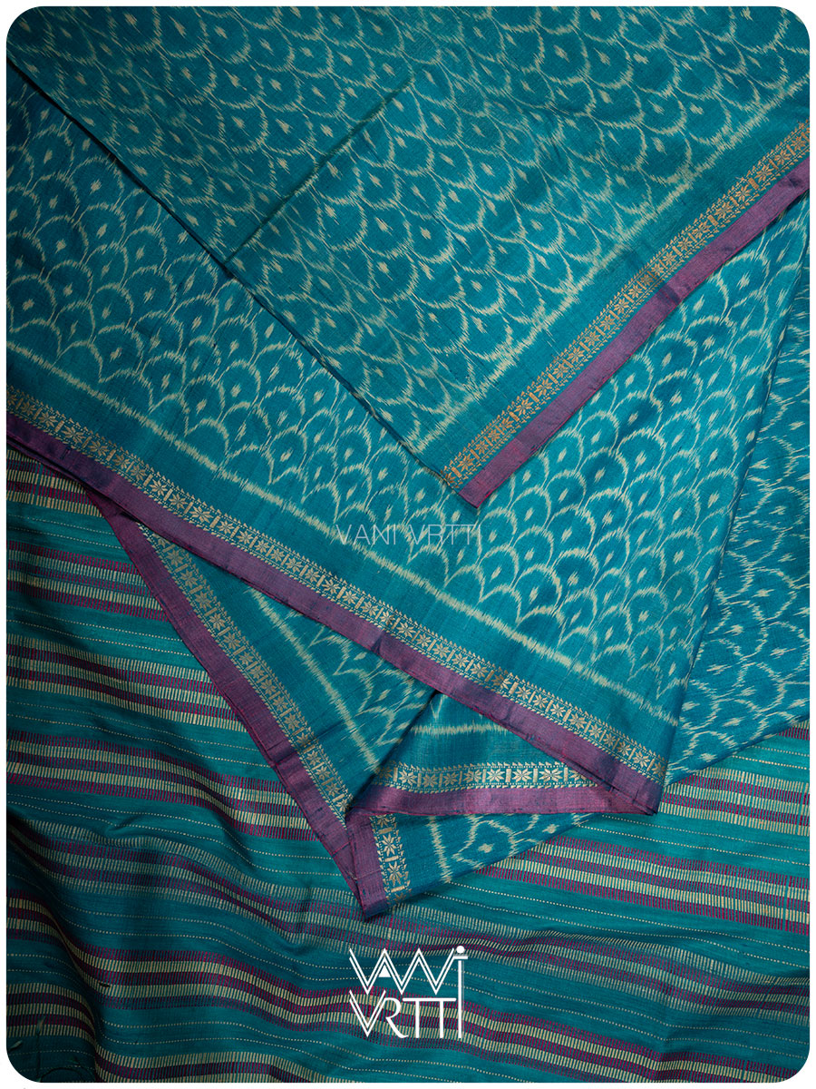 Firozi Blue Samudra Lahar Ikat Handspun Tussar Silk Sari