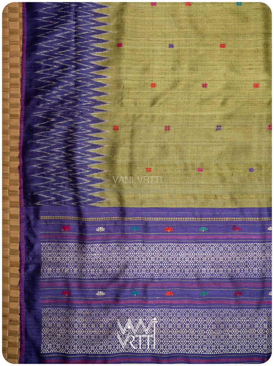 Olive Green Purple Pink Ganga Jamuna Anjana Handspun Tussar Silk Saree