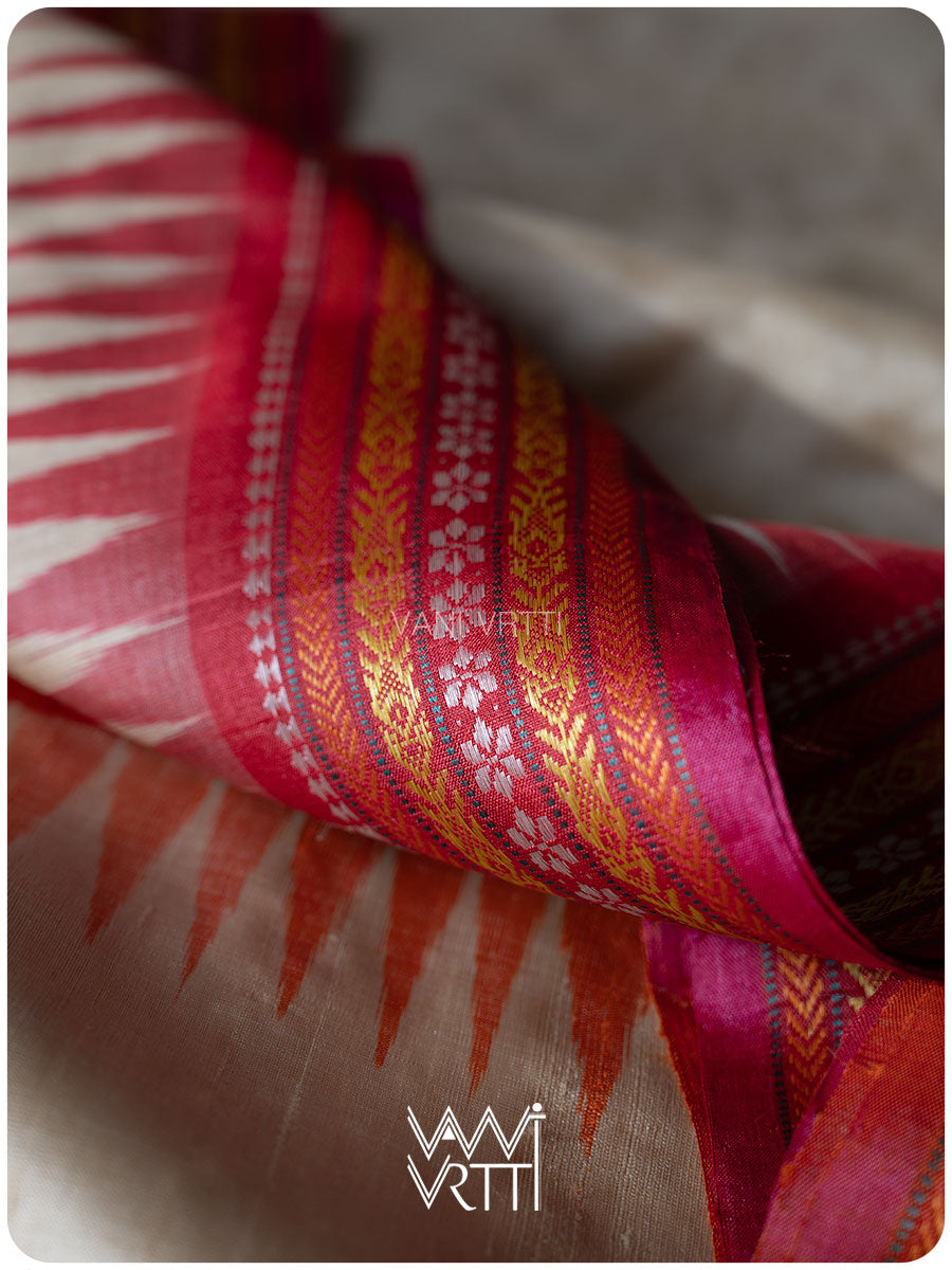 Off White Red Orange Ananta Handspun Tussar Silk Saree