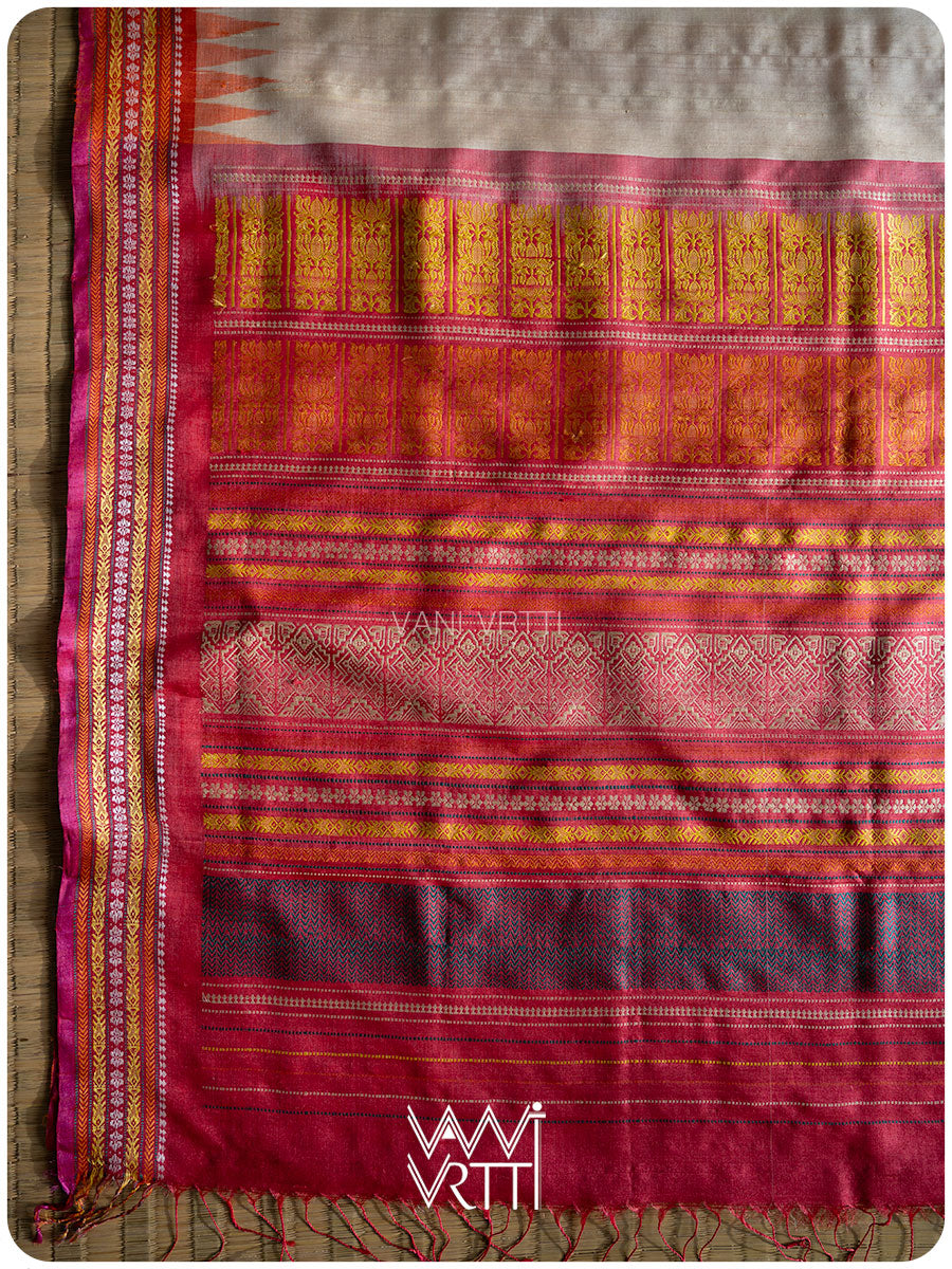 Off White Red Orange Ananta Handspun Tussar Silk Saree