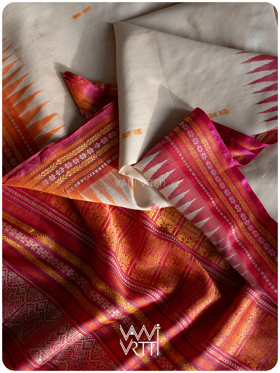 Off White Red Orange Ananta Handspun Tussar Silk Saree