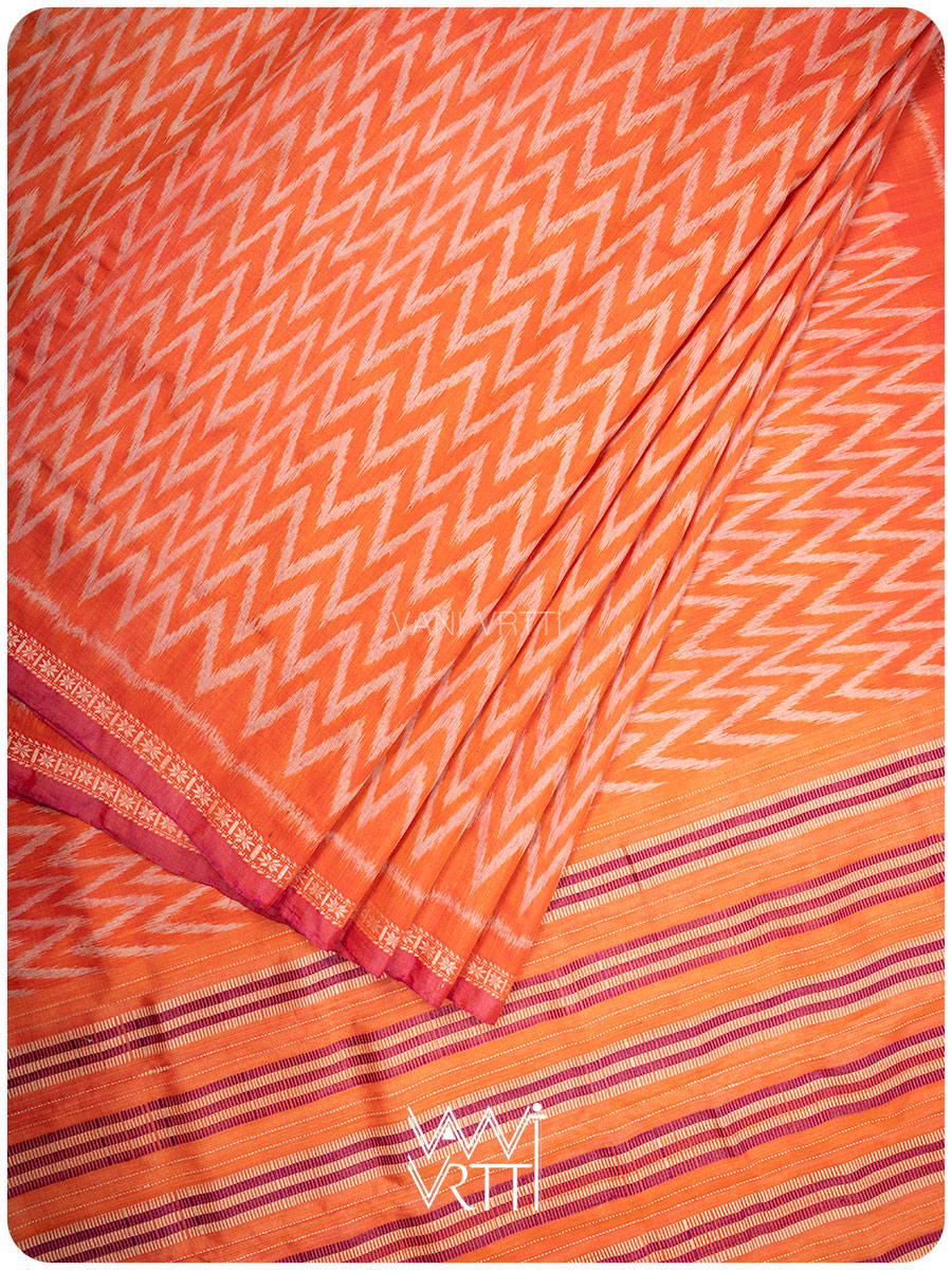 Orange Aziz Ikat Handspun Tussar Silk Saree