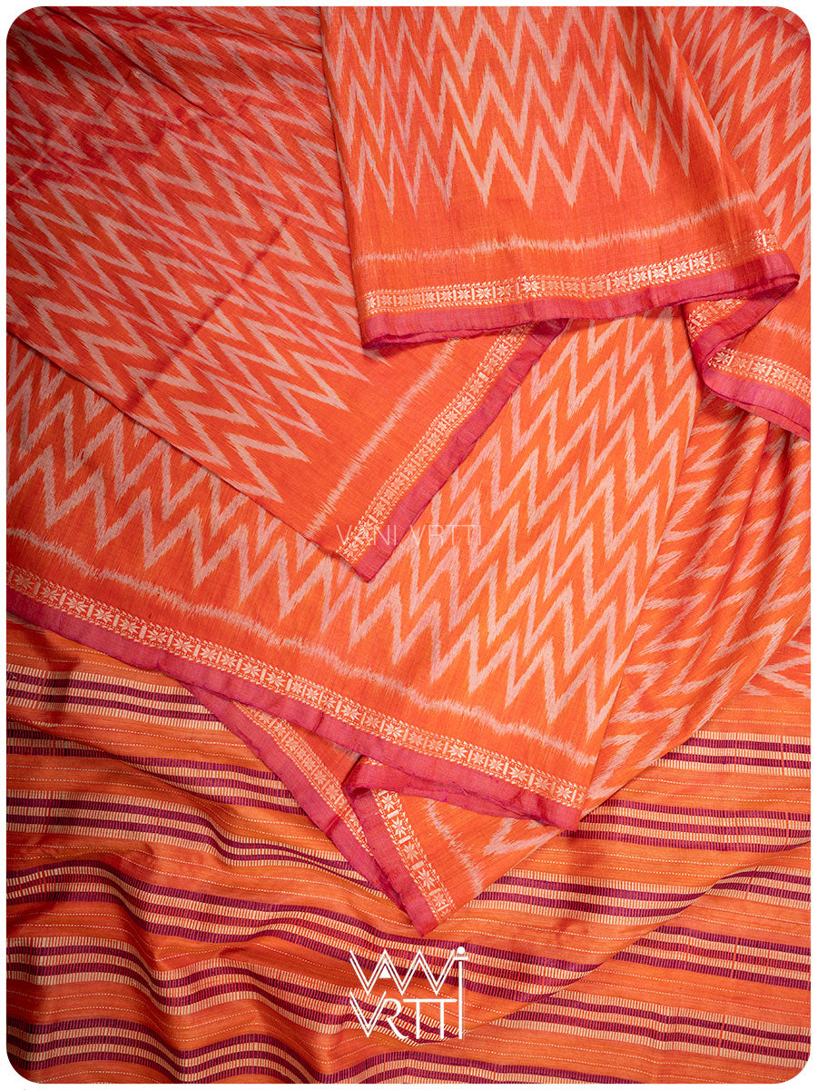 Orange Aziz Ikat Handspun Tussar Silk Saree