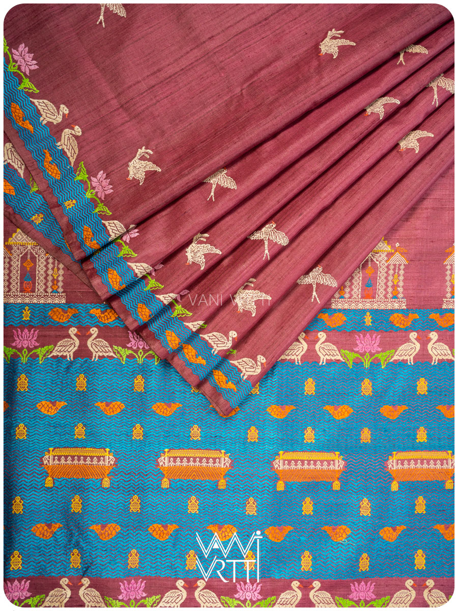 Deep Wine Chilika Master Weave Exclusive Handspun Tussar Silk Saree