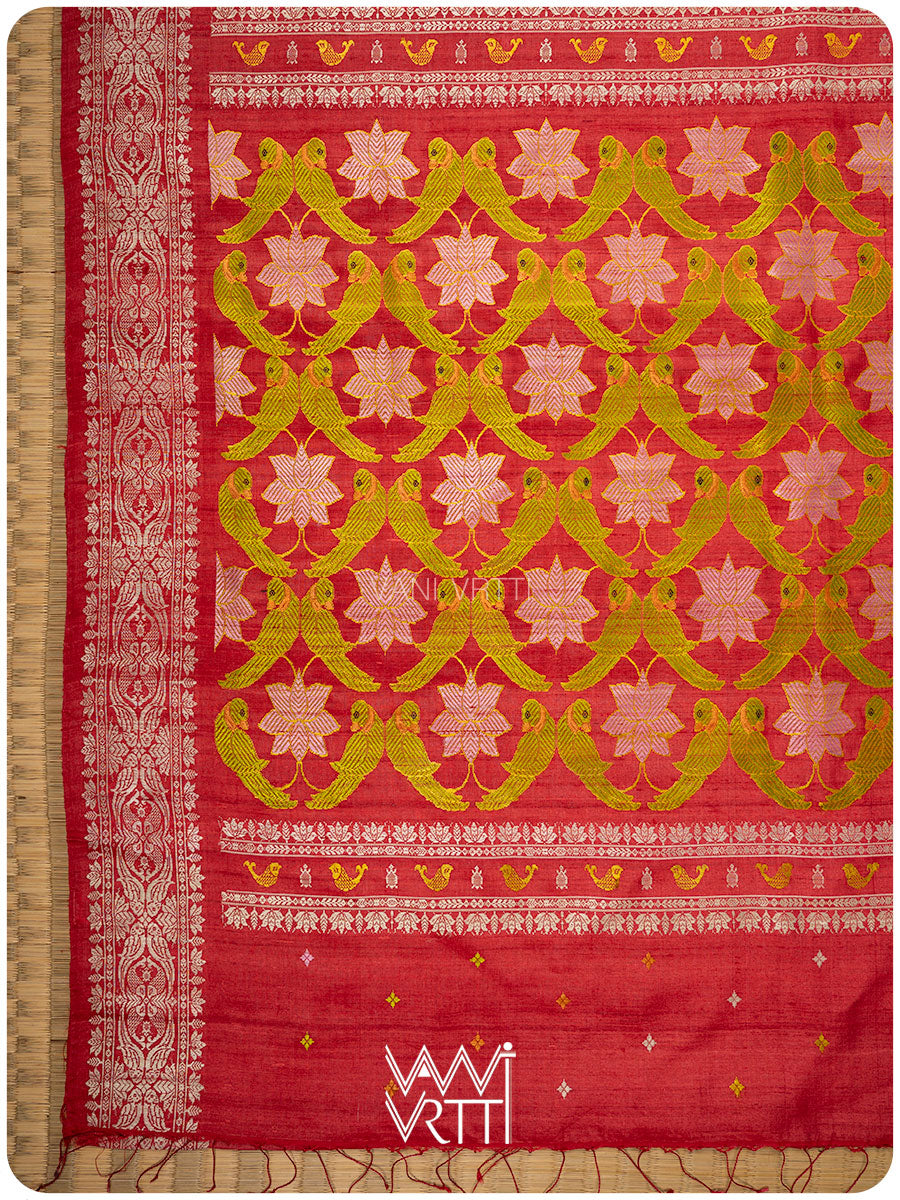 Red Lotus Parrot Jaal Designer Exclusive Handspun Handwoven Tussar Silk Saree