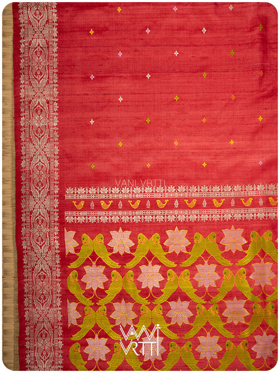 Red Lotus Parrot Jaal Designer Exclusive Handspun Handwoven Tussar Silk Saree