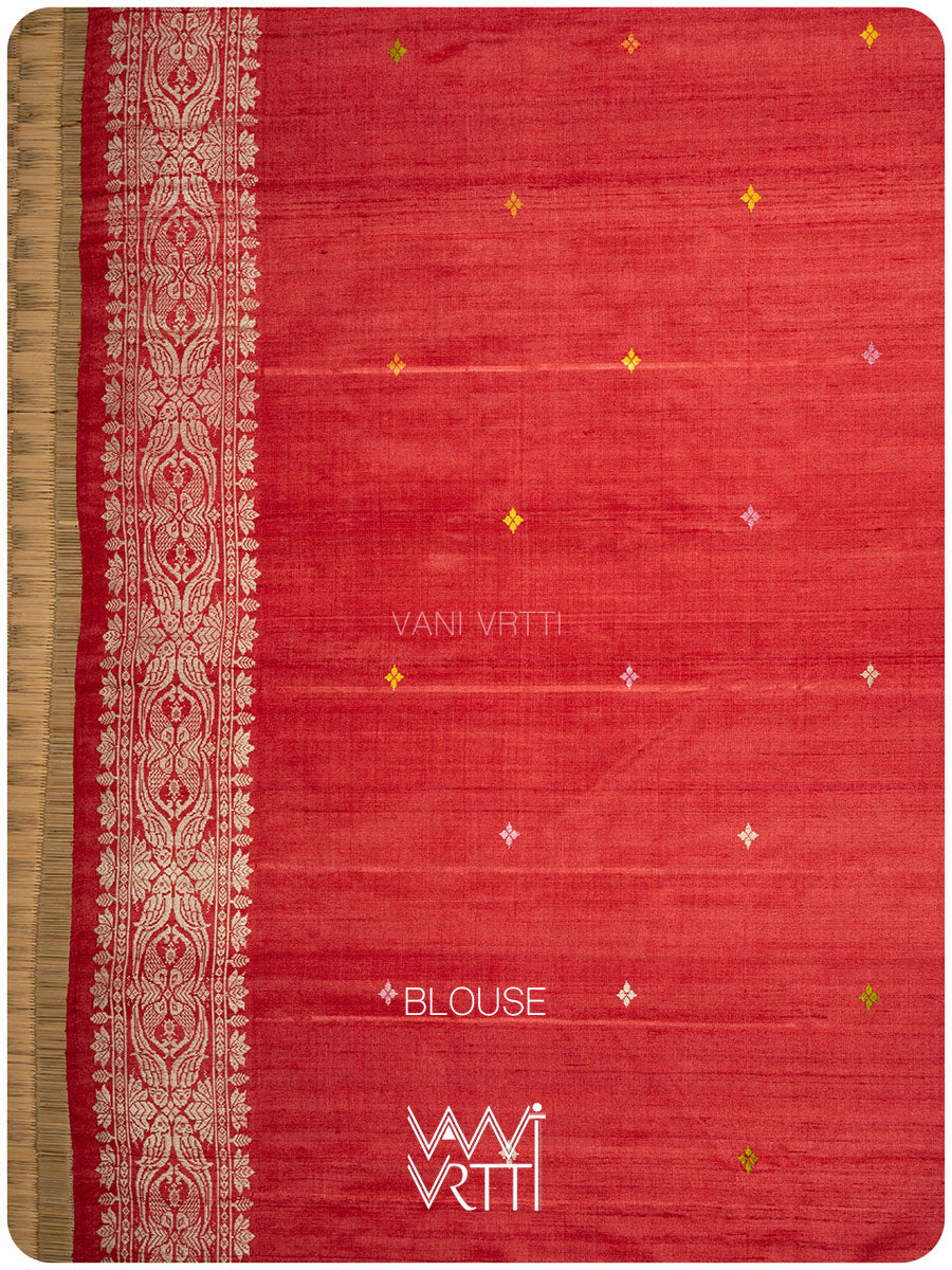 Red Lotus Parrot Jaal Designer Exclusive Handspun Handwoven Tussar Silk Saree