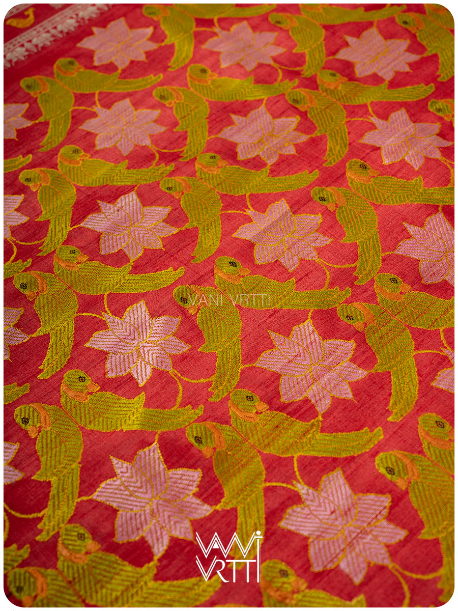 Red Lotus Parrot Jaal Designer Exclusive Handspun Handwoven Tussar Silk Saree