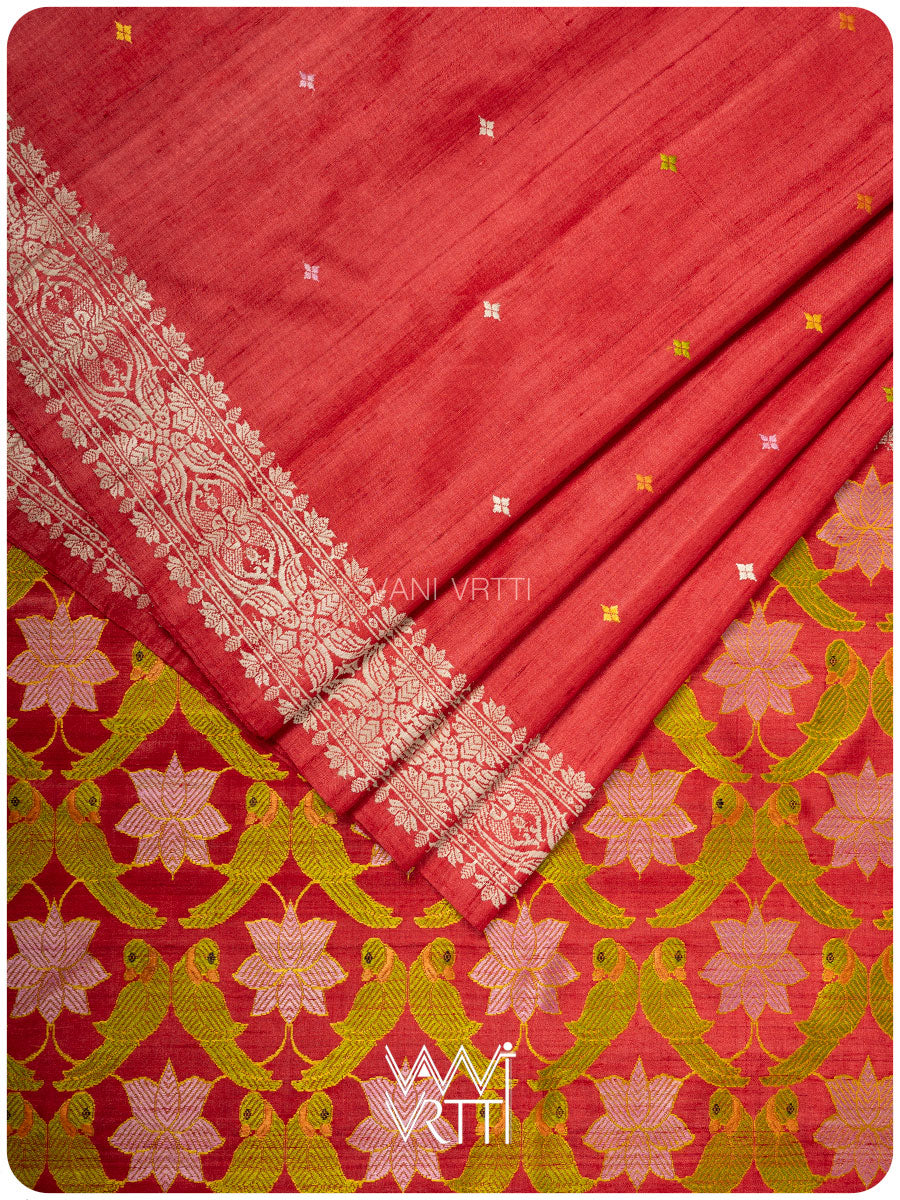 Red Lotus Parrot Jaal Designer Exclusive Handspun Handwoven Tussar Silk Saree