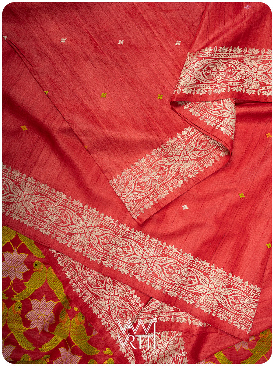 Red Lotus Parrot Jaal Designer Exclusive Handspun Handwoven Tussar Silk Saree